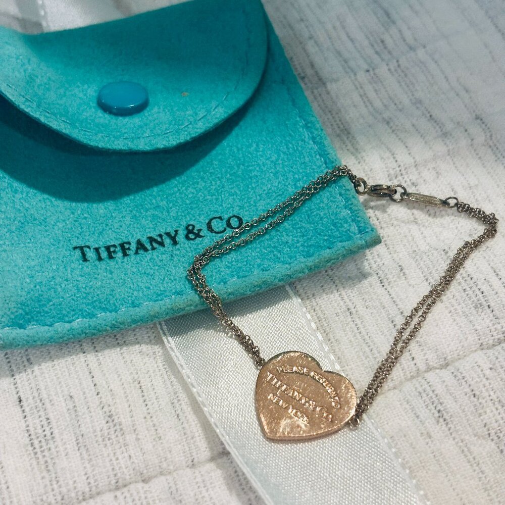 Tiffany & Co Silver & RUBEDO Return Double Chain Heart Tag Bracelet 6.25"